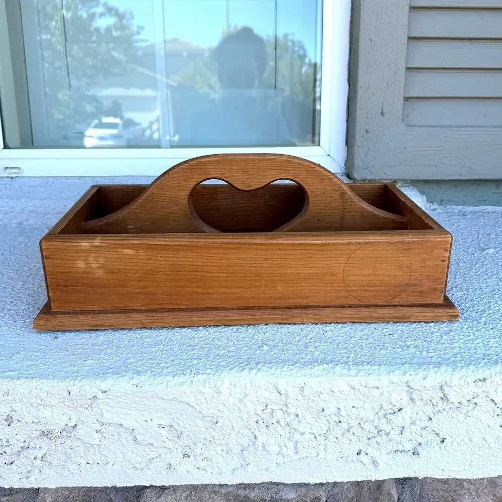 vintage country primitive wooden storage caddy with heart cutout handle 80s 90s